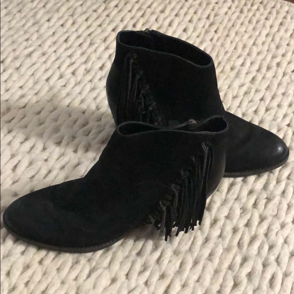 Black booties with fringe side detail